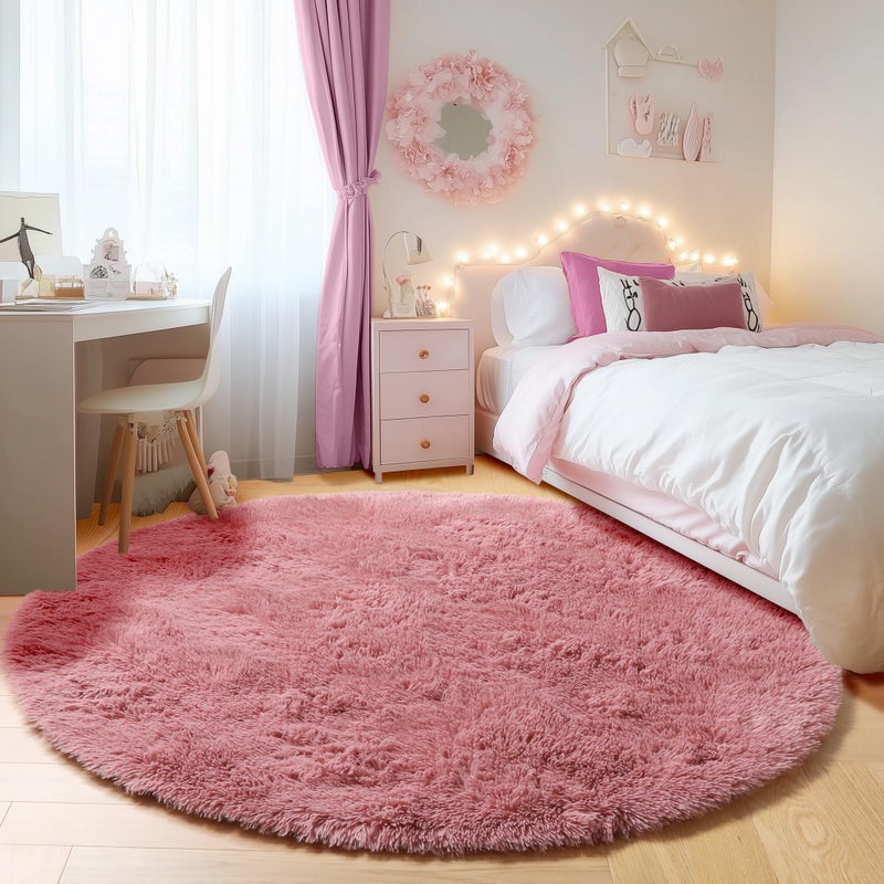 ONASAR Blush Round Area Rugs 5ft, Soft Bedroom Circle Rug Mats for Kids Girls Teen Room, Fluffy Plush Shaggy Carpet for Dorm Nursery Living Room Playroom Home Decor Princess Castle - Image 1